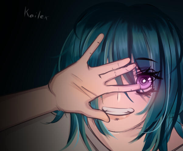 Blue haired girl head shot
